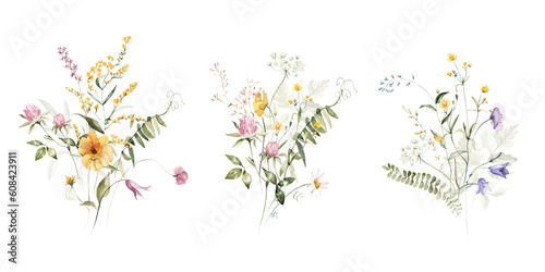 Wild field herbs flowers plants. Watercolor bouquet collection - illustration with green leaves  branches and colorful buds. Wedding stationery  wallpapers  fashion  backgrounds  prints. Wildflowers.