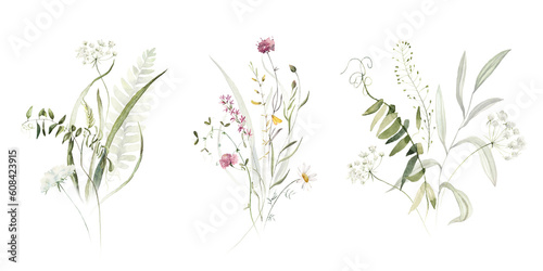 Wild field herbs flowers plants. Watercolor bouquet collection - illustration with green leaves, branches and colorful buds. Wedding stationery, wallpapers, fashion, backgrounds, prints. Wildflowers. © Veris Studio