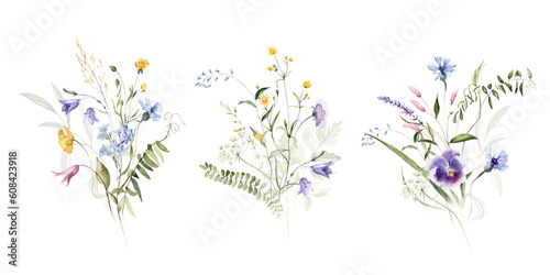 Wild field herbs flowers plants. Watercolor bouquet collection - illustration with green leaves  branches and colorful buds. Wedding stationery  wallpapers  fashion  backgrounds  prints. Wildflowers.