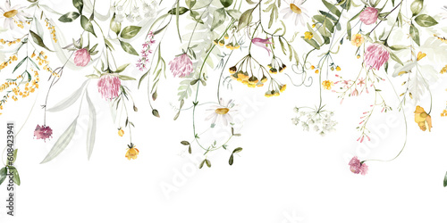 Wild field herbs flowers. Watercolor seamless border - illustration with green leaves, pink yellow buds and branches. Wedding stationery, wallpapers, fashion, backgrounds, textures. Wildflowers.