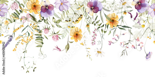 Wild field herbs flowers. Watercolor seamless border - illustration with green leaves  purple yellow buds and branches. Wedding stationery  wallpapers  fashion  backgrounds  textures. Wildflowers.