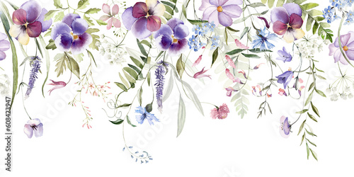 Wild field herbs flowers. Watercolor seamless border - illustration with green leaves, purple pink buds and branches. Wedding stationery, wallpapers, fashion, backgrounds, textures. Wildflowers. photo