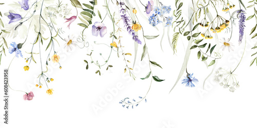 Wild field herbs flowers. Watercolor seamless border - illustration with green leaves, blue pink buds and branches. Wedding stationery, wallpapers, fashion, backgrounds, textures. Wildflowers.