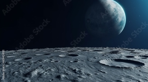 Fotografia The lunar surface as seen from a moon rover. Generative ai