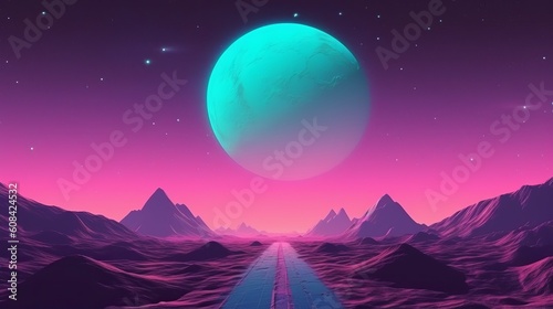 An extraterrestrial landscape with a winding road leading towards a faraway planet. Generative ai