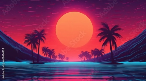 A tropical sunset with silhouetted palm trees. Generative ai