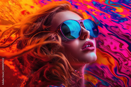 Portrait of a beautiful woman with sunglasses and colorful paints in the background. AI generative art
