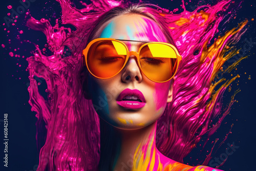 Portrait of a woman with yellow sunglasses and pink paint in the background. AI generative art