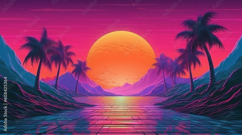 A picturesque sunset landscape with palm trees. Generative ai