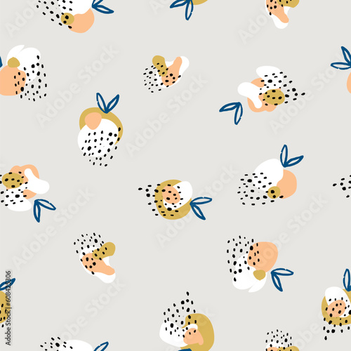 Polka dot, spot flowers seamless pattern on gray background. Hand drawn flower with dot, blob and blot abstract illustration for fun textile, fabric, wallpaper, wrapping paper design