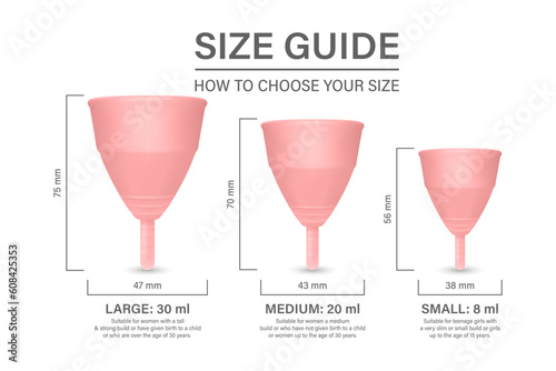 Vector 3d Pink Menstrual Hygiene Silicone Cups Isolated on White Background. Size Guide. Feminine Hygiene, Health Concept. Menstrual Cup Design Template, Banner