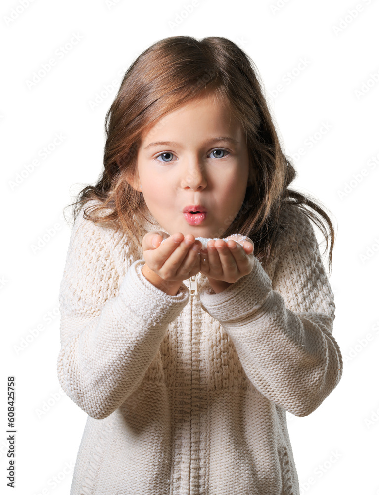 Baby blowing on snow in winter cloth Baby blowing on snow in winter cloth