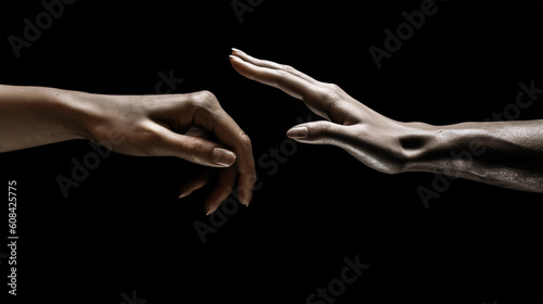 Two hands reach out to each other. Hands in motion towards on a black background. copyspace. Generative AI