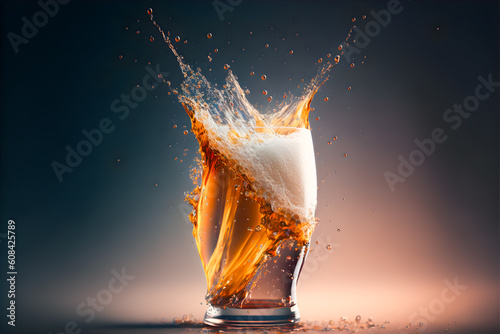A glass of beer with splashes and foam. Generative Ai