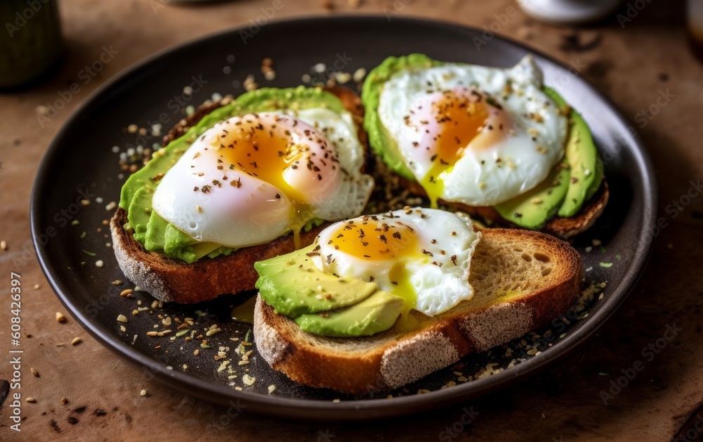 Nutritious breakfast. A toasted slice of whole wheat bread topped with avocado slices and sunny-side-up egg. Generative AI