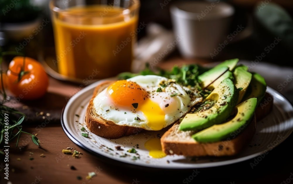 Nutritious and Healthy Breakfast. Toast with Avocado and Egg. AI generate