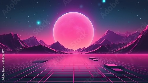 A surreal landscape with pink moon and majestic mountains. Generative ai