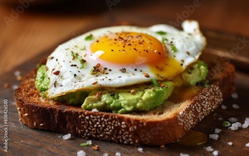 Nutritious breakfast. A toasted slice of whole wheat bread topped with creamy avocado slices and a perfectly poached sunny-side-up egg. AI generate