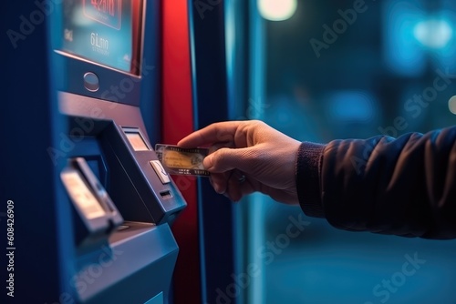 Close up hands using an ATM machine on a sunny day. Generative AI