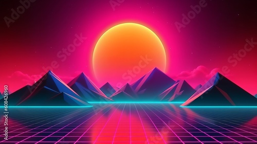 A stunning futuristic mountain landscape at sunset. Generative ai