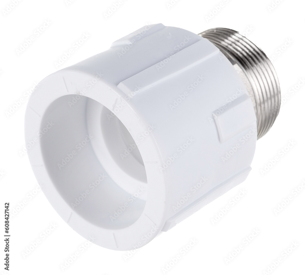 clamping fittings of metal-plastic pipes on a white background chrome, bronze and plastic clamping fittings of metal-plastic pipes on a white background chrome, bronze and plastic