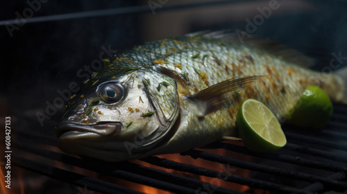 Grilled Dorada fish, sea bream with the addition of spices, herbs and lemon on the grill plate, top view. Generative AI.