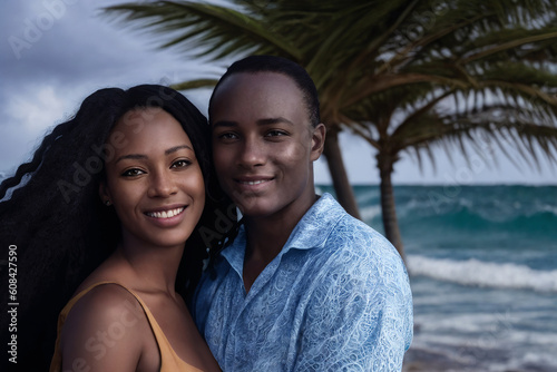 Wallpaper Mural Happy smiling man and woman on the sea beach against the backdrop of ocean waves. Young beautiful couple of African American people in love. Generative AI Torontodigital.ca