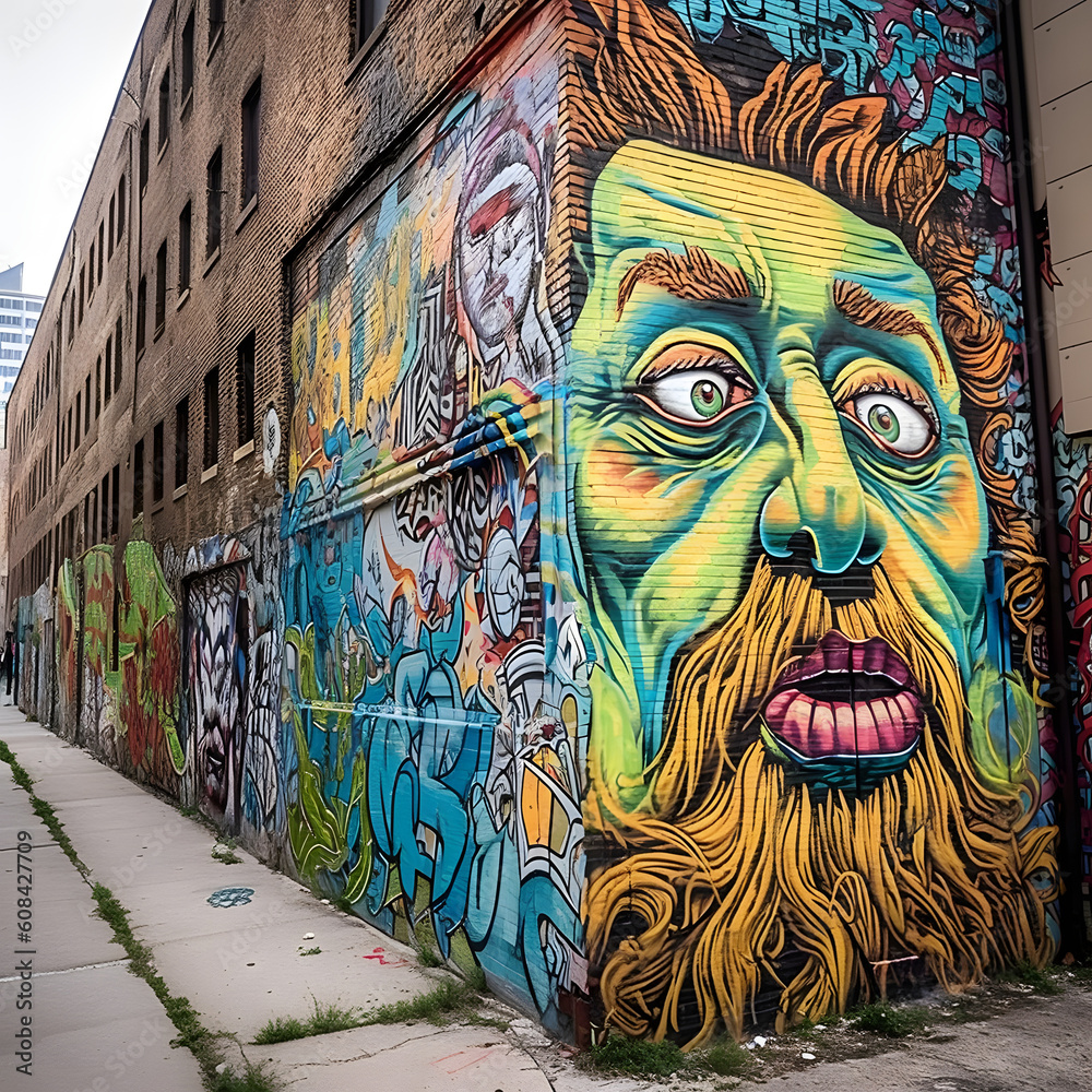 Fototapeta premium Vibrant colors and patterns of urban street art in a bustling cityscape at dusk with a wide-angle lens during the golden hour