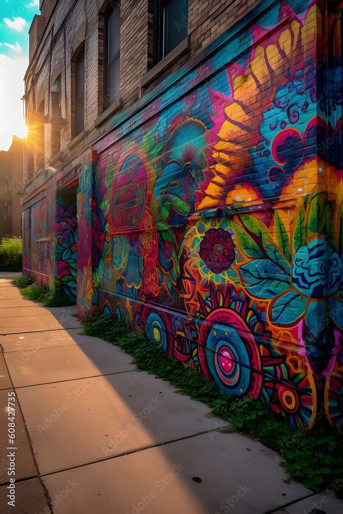 Fototapeta premium Vibrant colors and patterns of urban street art in a bustling cityscape at dusk with a wide-angle lens during the golden hour