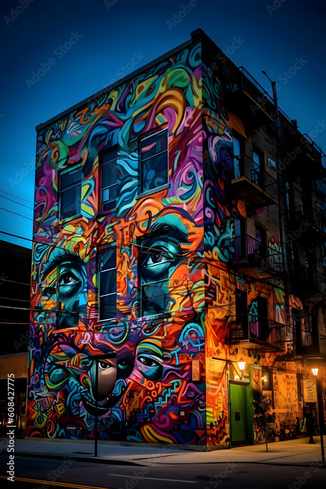 Fototapeta premium Vibrant colors and patterns of urban street art in a bustling cityscape at dusk with a wide-angle lens during the golden hour