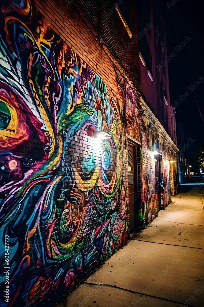 Fototapeta premium Vibrant colors and patterns of urban street art in a bustling cityscape at dusk with a wide-angle lens during the golden hour