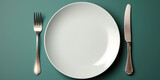 Top view of an empty white plate with cutlery isolated on a flat dark green background. Mockup of an empty food plate, above, banner template, copy space. Generative AI professional photo imitation.