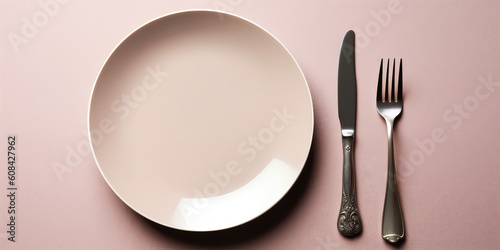 Top view of an empty beige plate with cutlery isolated on a flat pastel nude background. Mockup of an empty food plate, above, banner template, copy space. Generative AI professional photo imitation.