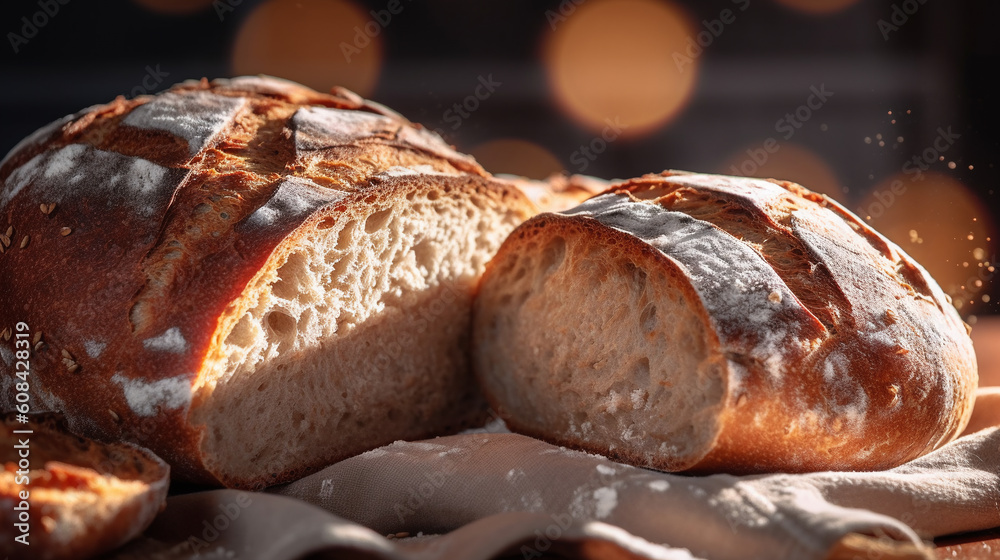 freshly baked sliced bread is lying on the table with a beautiful backlight, generated by AI