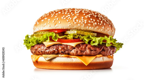 a beautiful cheeseburger with a cutlet, cheese and vegetables on a white background, generated by AI