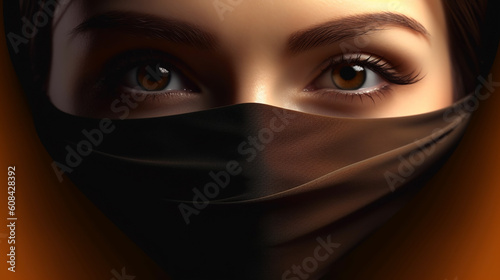 a woman with beautiful eyes in a brown niqab or mask is close-up, generated by AI