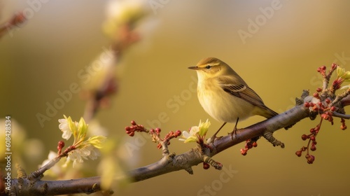 willow warbler bird on branch. Generative AI © Andreas