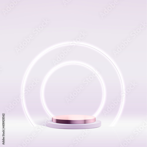 Purple metal product podium background with round neon lighted arch. Fashion product vector presentation template