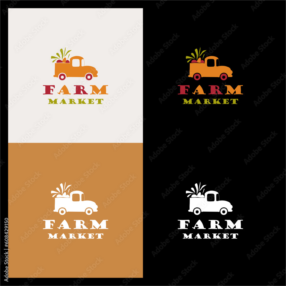 Farmer truck vegetable fruits harvesting fields village logo design illustration vector 