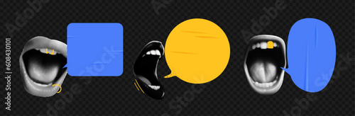 A set of blue and yellow Speech Bubbles with collage-cut lips from a magazine. Retro elements for the design. Scream of a woman. Vector objects on transparent background as png.