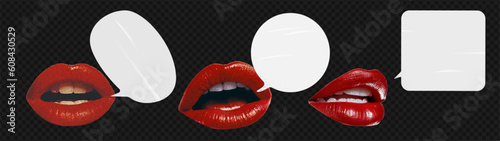 A set of Speech Bubbles with collage-cut red lips from a magazine. Retro elements for the design. Scream of a woman. Vector objects on transparent background as png.