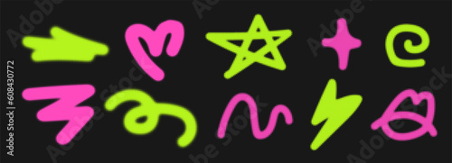 A set of graffiti figures in a negligent style. On a transparent background as png. Bright neon shapes. Circles and lines and cross and star and lips. Vector element pack photo