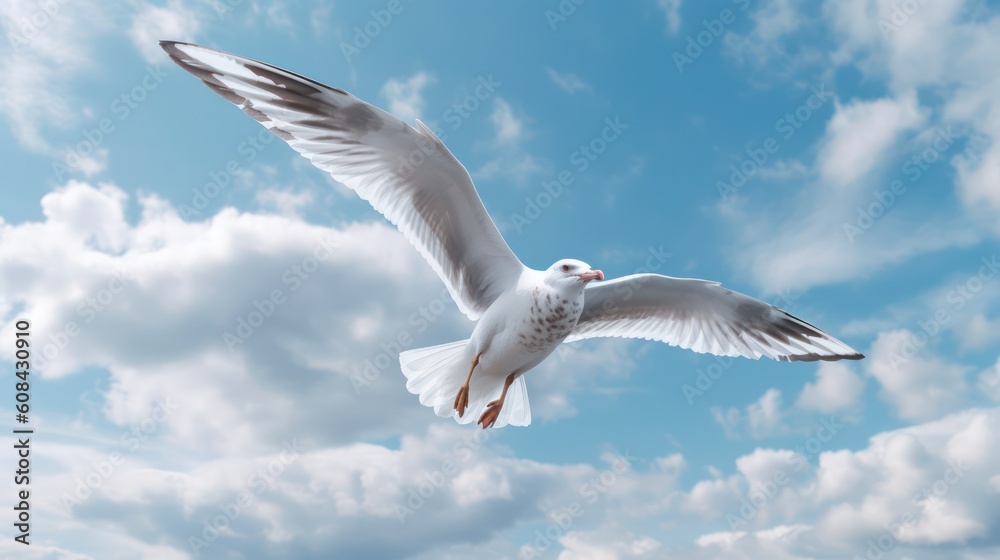 Fototapeta premium seagull fly against the blue sky with clouds. Sea bird gracefully fly in the air. Generative AI