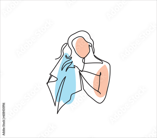 continuous line drawing of a woman drying his hair with towel bathroom activities vector illustration 