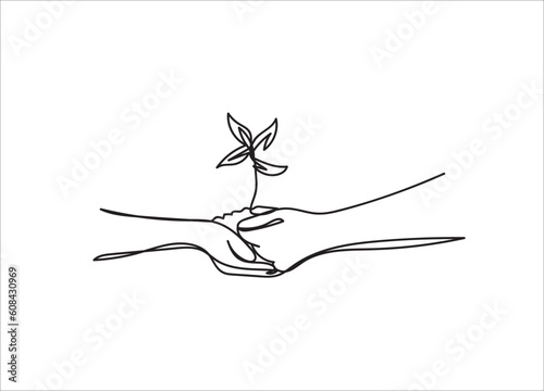 Continuous one-line drawing hand holding a plant vector illustration 