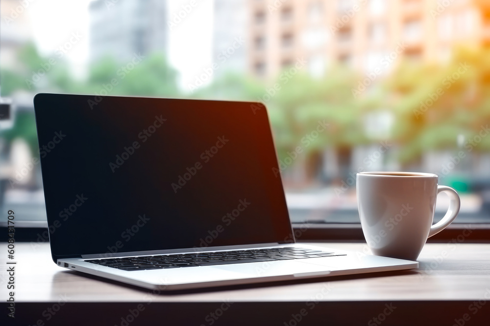 Laptop with a blank screen with cup beside it, placed on a table with a bokeh style background