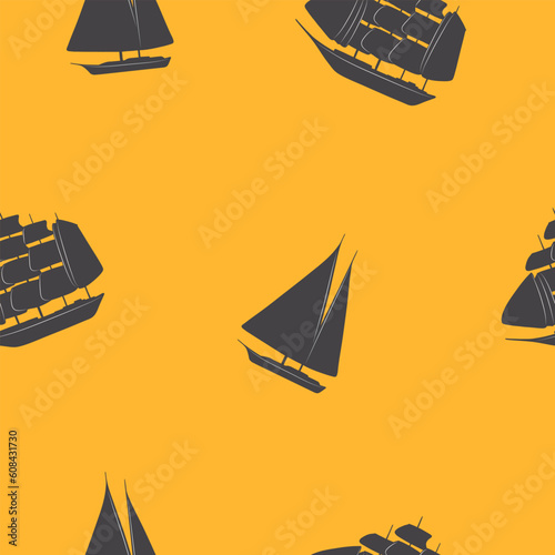 Silhouettes of dark gray sailing yachts and ships on an orange, yellow, brick or mustard background. Seamless pattern. Printing on fabric, packaging, label with a marine theme. Vector illustration.