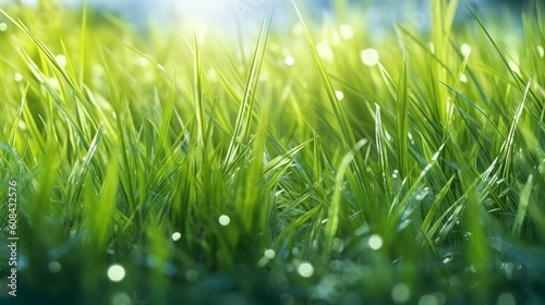 Water droplets on blades of grass in macro view. Generative ai