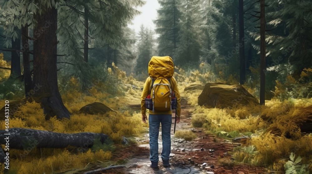 A hiker with a yellow backpack trekking through a dense forest. Generative ai