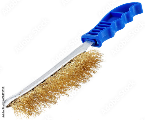 metal brush for cleaning metal with a plastic and wooden handle on a white background